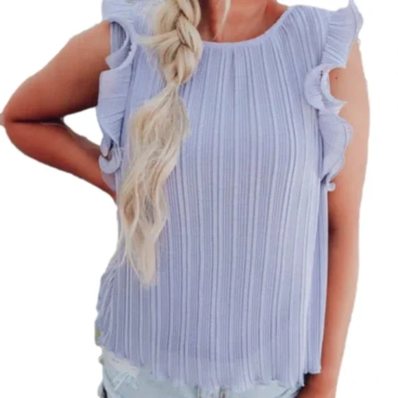 NWT She + Sky Pleated Chiffon Blouse Small Blue Flutter Sleeve Top - Picture 2 of 4
